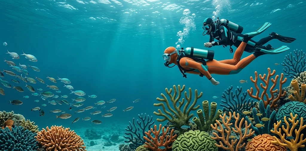 Two scuba divers swimming over a coral reef